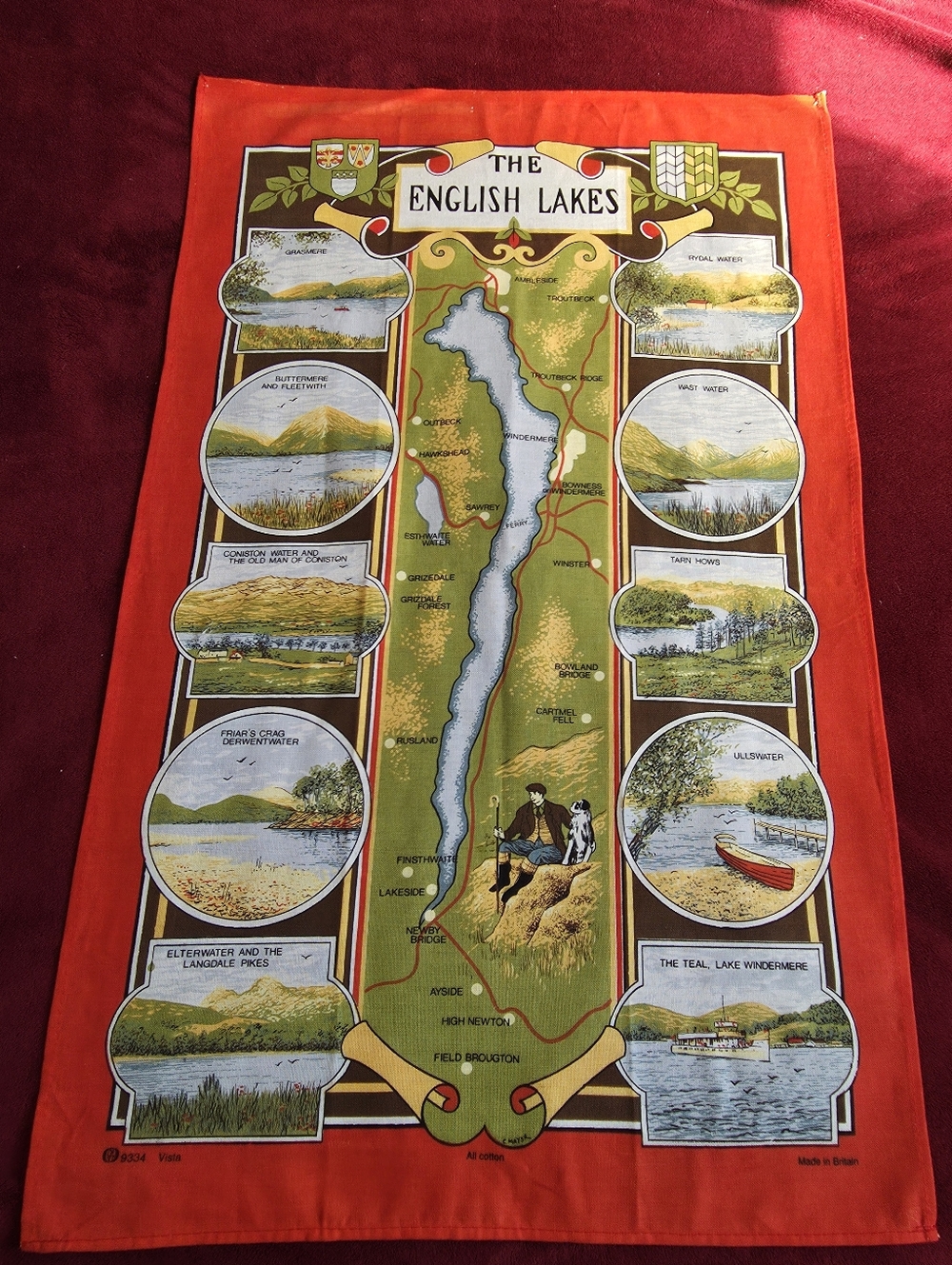 Vintage Tourist Towel/English Lakes/cotton Linen Tea Towel Orange And Brown